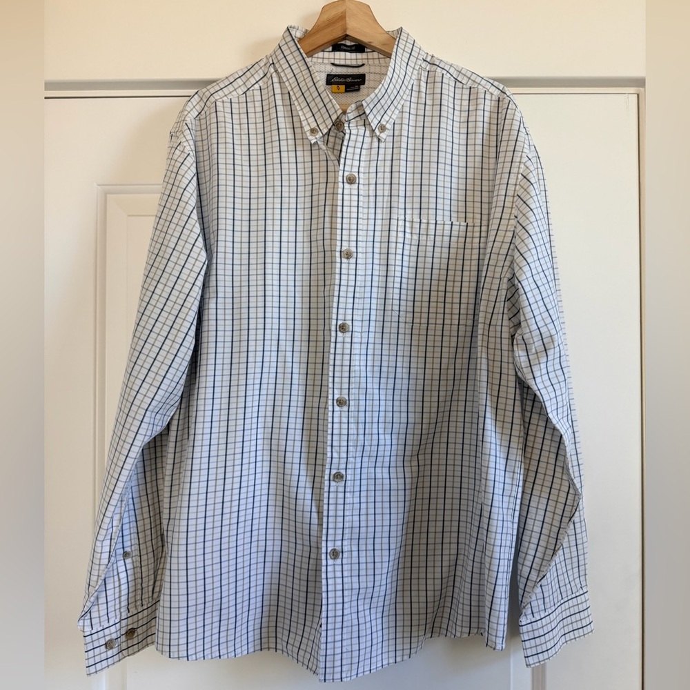 Eddie Bauer White, Tan and Blue Plaid Button Down Shirt